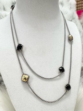 David Yurman .925 18K Gold Long Necklace w/Black Onyx & 18K Gold Stations 36”